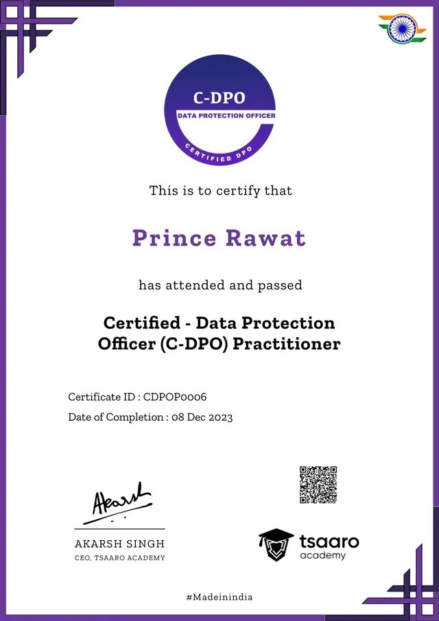 Certified Data Protection Officer (Practitioner) certificate, issued by Privacy CareerExperts