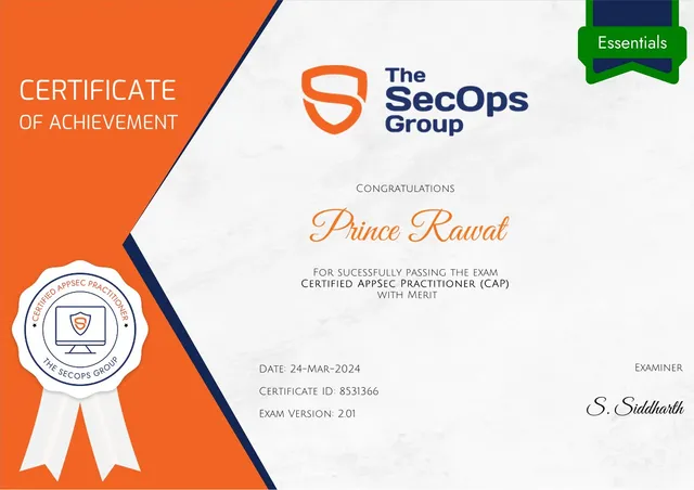 Certified AppSec Practitioner certificate, issued by The SecOps Group