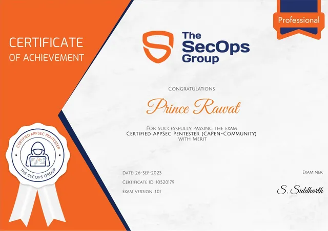 Certified AppSec Pentester certificate, issued by The SecOps Group