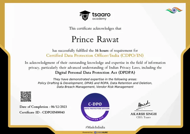 Certified Data Protection Officer certificate, issued by Privacy CareerExperts