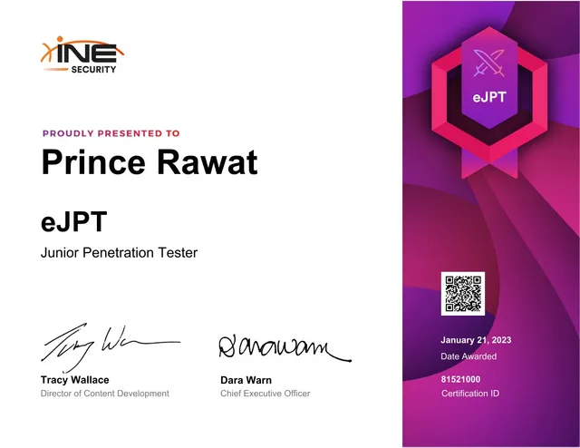 Junior Penetration Tester certificate, issued by INE