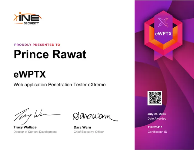 Web Application Penetration Tester eXtreme certificate, issued by INE